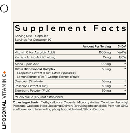 Codeage Liposomal Vitamin C 1500mg with Zinc, Elderberry, Citrus Bioflavonoids and Quercetin - 180 Capsules