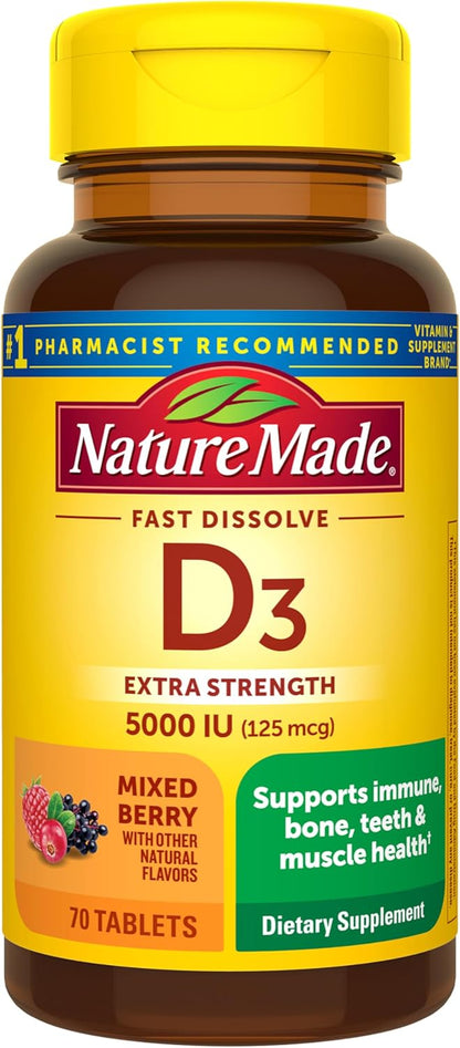 Nature Made Vitamin D3 5000 IU Extra Strength Fast Dissolve Tablets - Immune & Bone Support, 70 Tablets