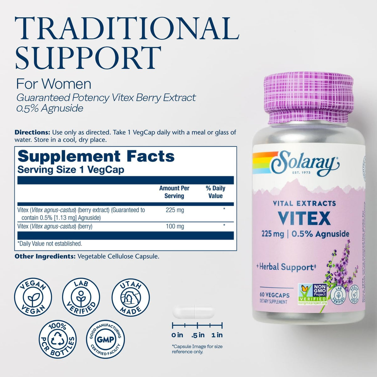 SOLARAY Vitex Berry Extract 225 mg - Chasteberry Supplement for Women - Traditional Hormone Balance Support - Vegan, Lab Verified - 60 VegCaps - görsel 2
