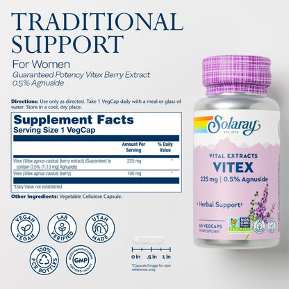 SOLARAY Vitex Berry Extract 225 mg - Chasteberry Supplement for Women - Traditional Hormone Balance Support - Vegan, Lab Verified - 60 VegCaps