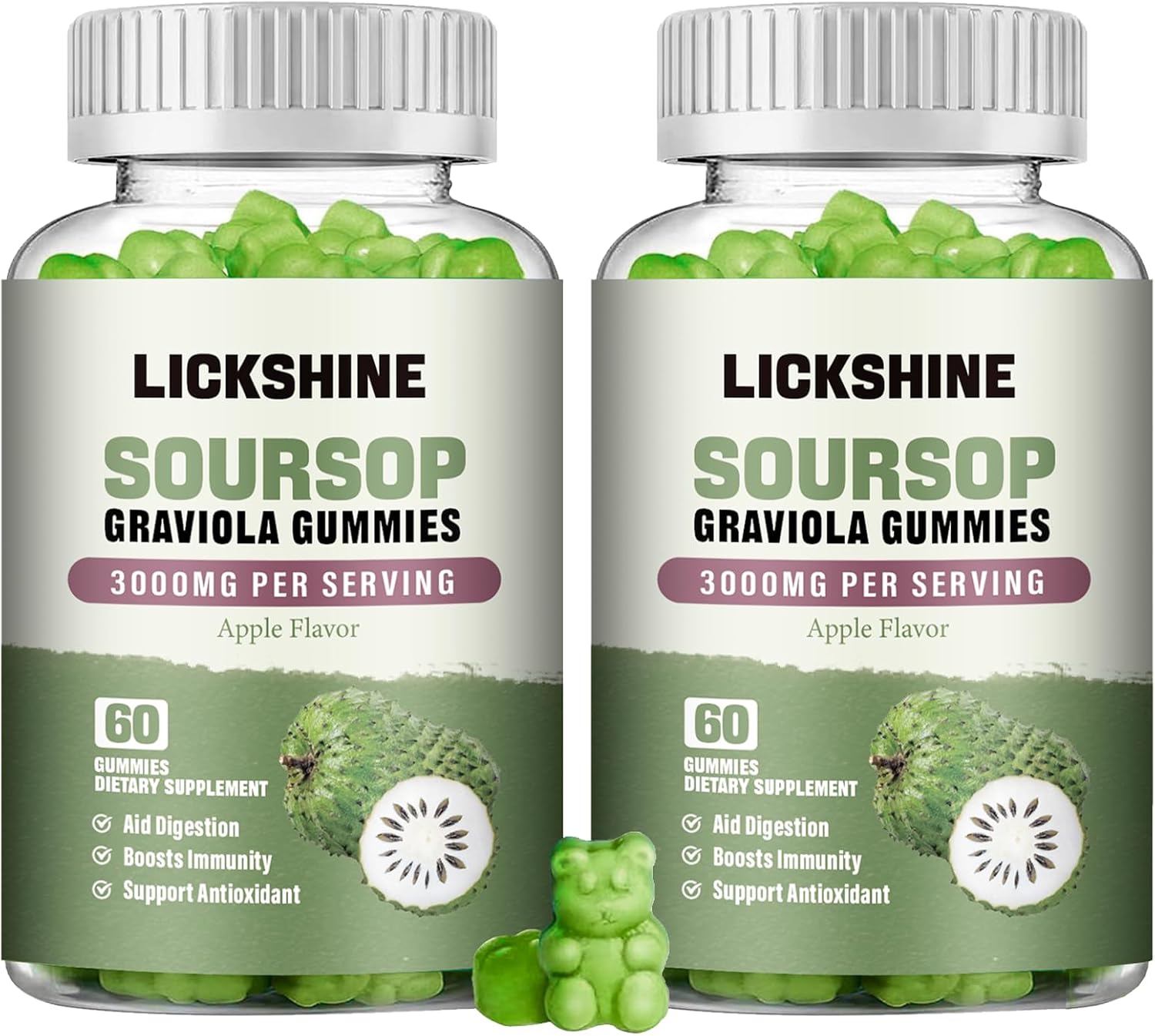 Lickshine 2 Pack Soursop Graviola Gummies - 3000mg Extra Strength with Vitamin C & Zinc - Sugar Free, Non-GMO, Vegan - Digestive Health & Immune Support - 120 Gummies - görsel 1