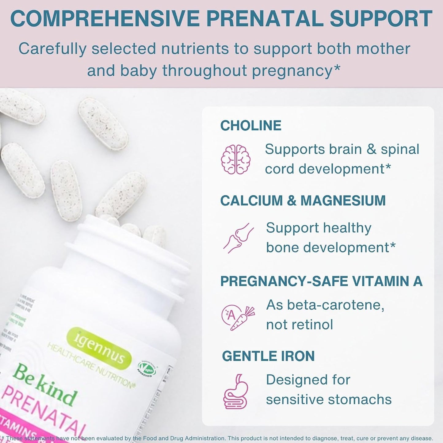 Igennus Methylated Prenatal Multivitamin for Women – Folate for MTHFR, High Absorption, Pure & Clean, Gentle Iron, Choline, Calcium & Magnesium, Vegan, Non-GMO, 60 Tablets - görsel 4