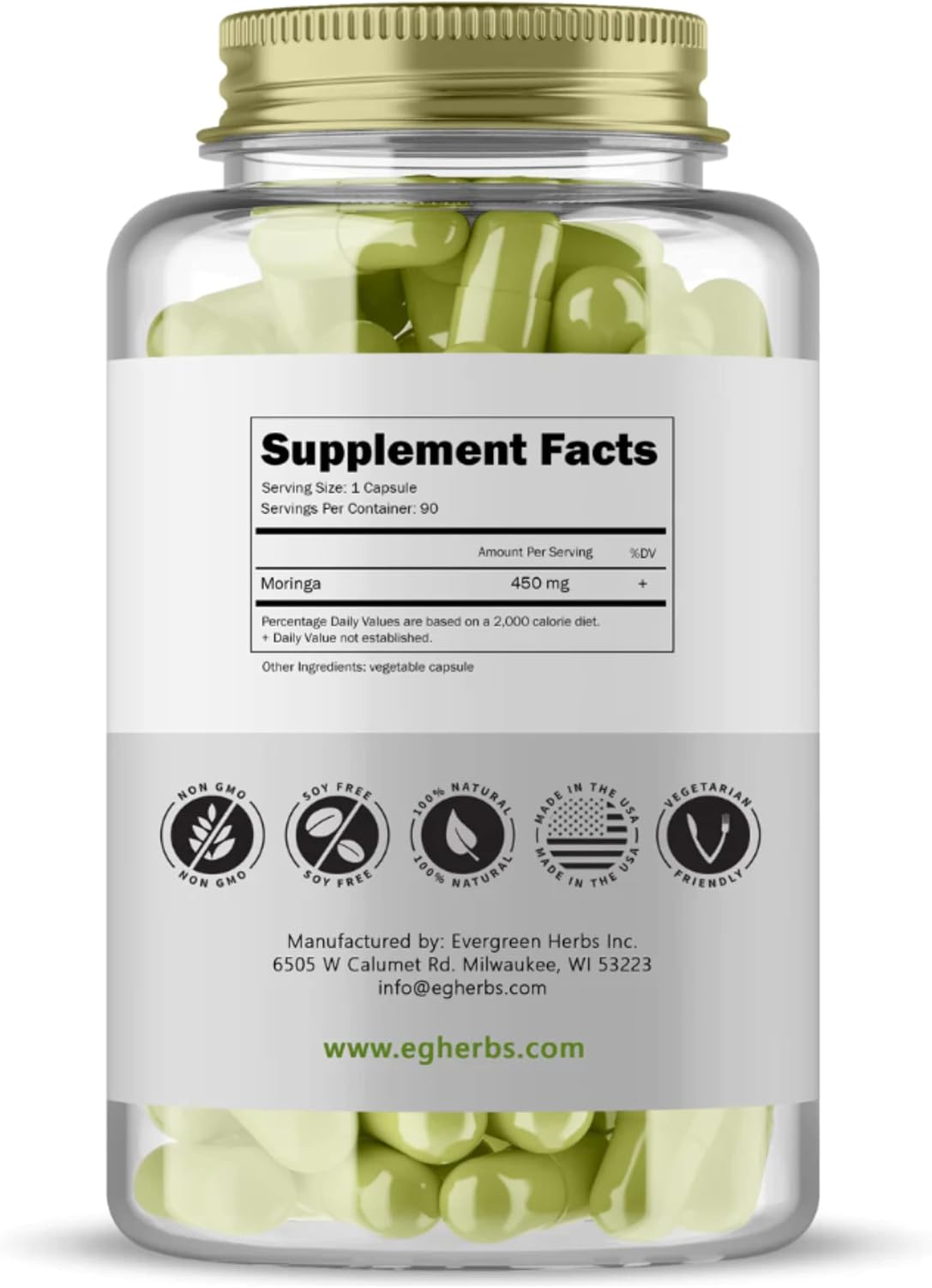 Evergreen Herbs Moringa Capsules - 90 Capsules, 450mg Each - görsel 1