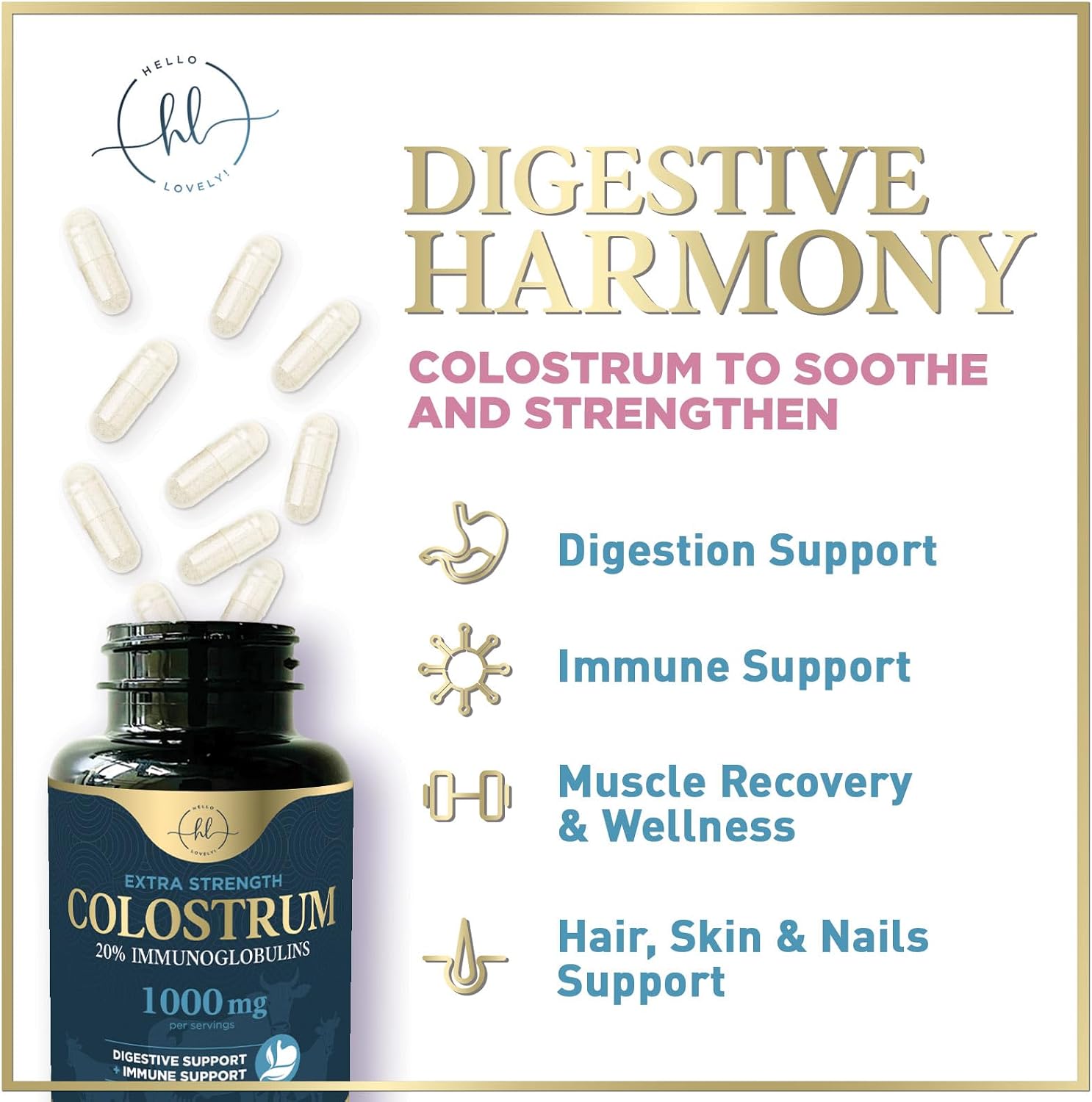 Hello Lovely! Colostrum Supplement – 1000mg, 20% Immunoglobulins, 120 Capsules - görsel 5