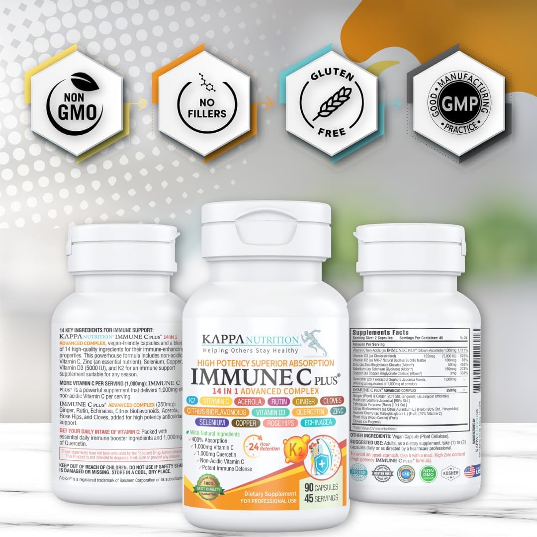 KAPPA NUTRITION Immune C Plus - 14-in-1 Complex with Quercetin, Vitamin C, Zinc, Vitamin D3, Selenium, Copper, Acerola, Ginger, Rutin, Bitter Orange, Rose Hips, Echinacea, Vitamin K2, Cloves (90 Capsules) - görsel 7