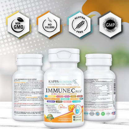 KAPPA NUTRITION Immune C Plus - 14-in-1 Complex with Quercetin, Vitamin C, Zinc, Vitamin D3, Selenium, Copper, Acerola, Ginger, Rutin, Bitter Orange, Rose Hips, Echinacea, Vitamin K2, Cloves (90 Capsules)