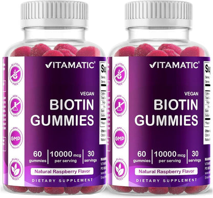 Vitamatic Biotin Gummies 10,000 mcg for Stronger Hair, Skin & Nails - 60 Vegan Gummies (Pack of 2)
