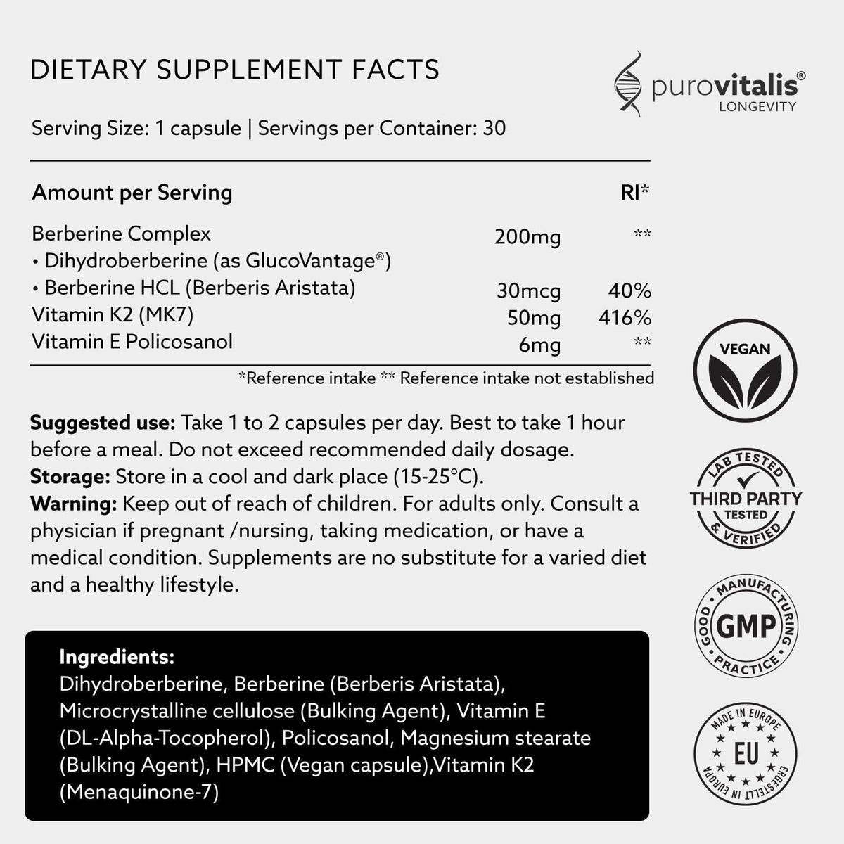 PUROVITALIS Dihydroberberine 200mg with Vitamin K2 & E – Metabolic Support Supplement, 30 Vegan Capsules - görsel 4