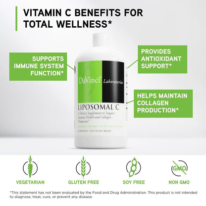 DAVINCI Labs Liposomal C - Collagen Production, Oxidative Stress & Immune Health Support - Liposomal Delivery System - Gluten-free, Vegetarian - 300 ml (60 Servings)