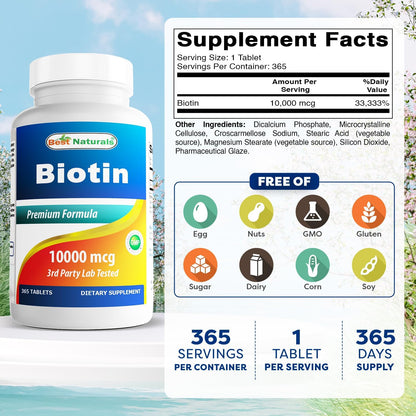 Best Naturals Biotin 10,000 mcg - 365 Tablets