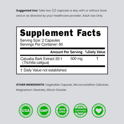 Catuaba Bark Extract 10,000mg Per Serving (120 Capsules) - Erythroxylum Catuaba - Third Party Tested - Drive & Stamina - Made in the USA - Gluten-free & Non-GMO - Vegan - For Men & Women