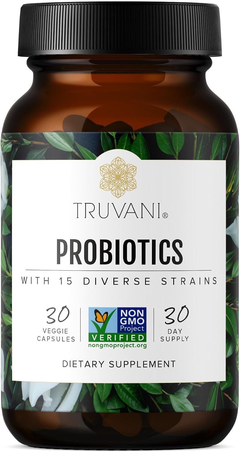 Truvani Probiotic Supplement | 30 Servings | 15 Billion CFU | 15 Diverse Strains | Shelf-Stable Vegan Capsules | Non-GMO, No Fillers - görsel 1