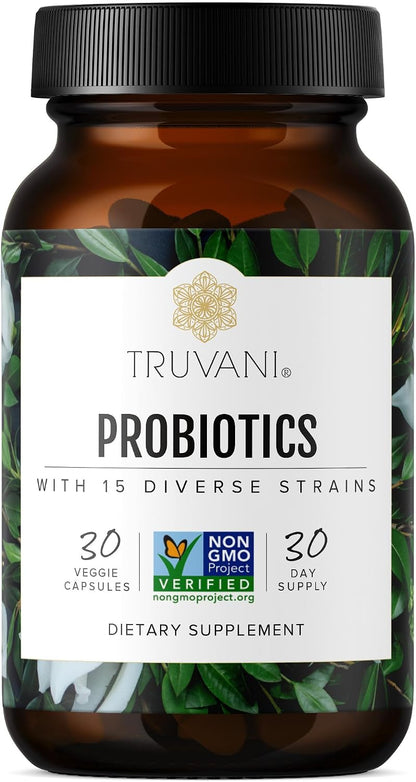 Truvani Probiotic Supplement | 30 Servings | 15 Billion CFU | 15 Diverse Strains | Shelf-Stable Vegan Capsules | Non-GMO, No Fillers