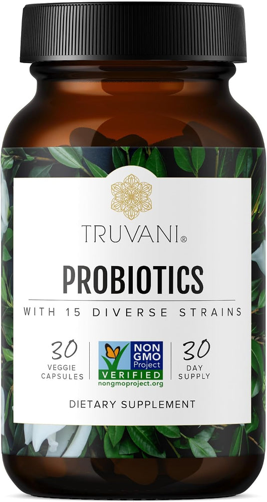 Truvani Probiotic Supplement | 30 Servings | 15 Billion CFU | 15 Diverse Strains | Shelf-Stable Vegan Capsules | Non-GMO, No Fillers