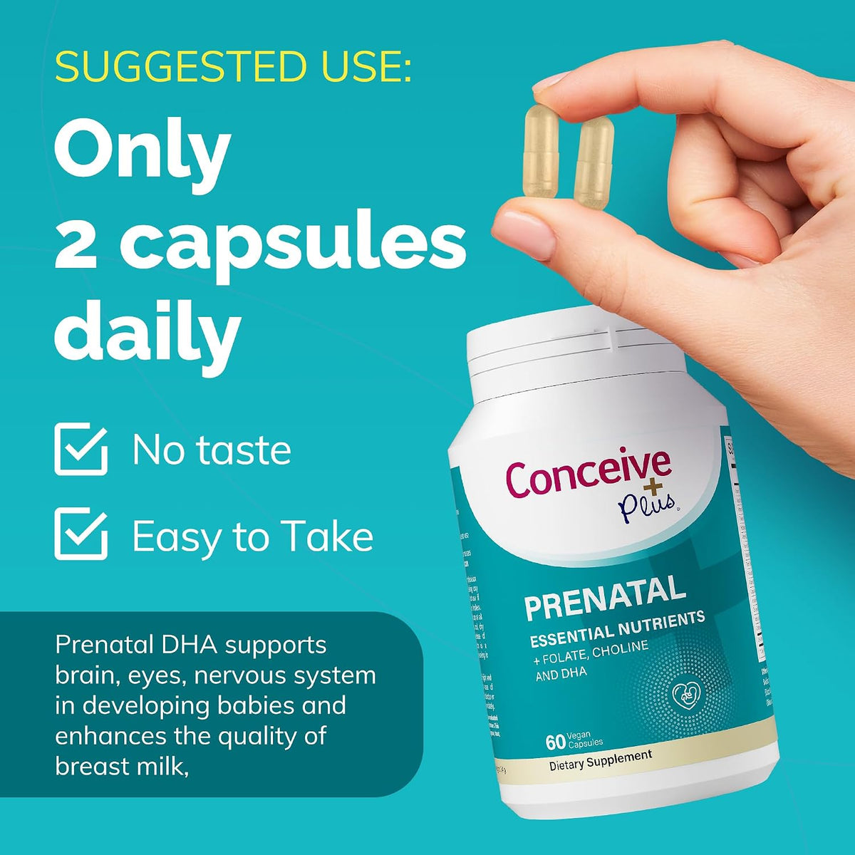 Conceive Plus Prenatal Vitamins for Women – Multivitamin with Folic Acid, DHA, Choline, Iron – Vegan, Non-GMO – 60 Capsules - görsel 5