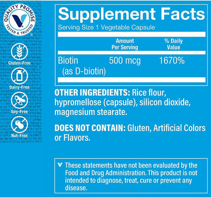The Vitamin Shoppe Biotin 500mcg - Hair, – Dosage: 500mcg is a moderate dose, higher than the RDA but lower than – Image 2