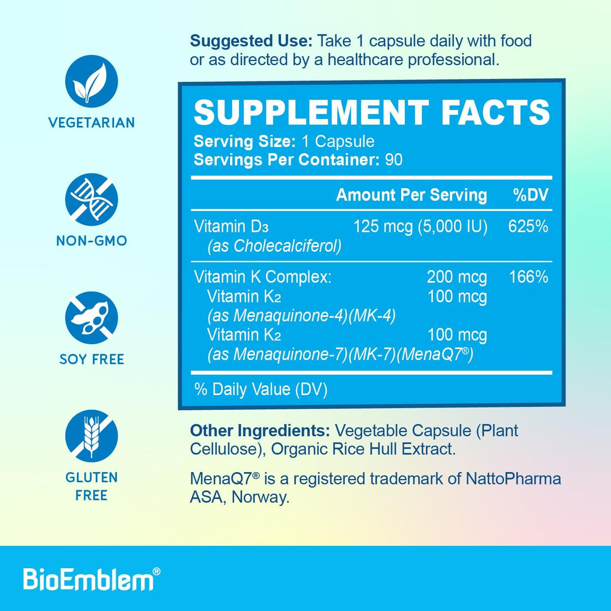 BioEmblem Vitamin D3 K2 Capsules (5000IU and 200mcg) – Patented MK7 and MK4 for Comprehensive Support – Vegetarian, Non-GMO, 90 Capsules - görsel 5