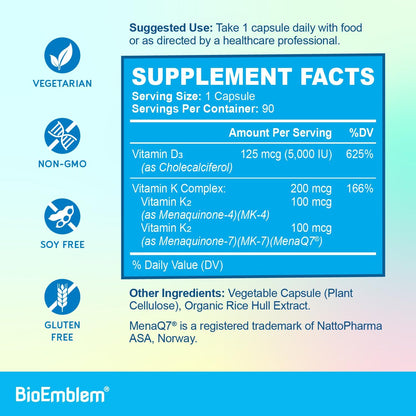 BioEmblem Vitamin D3 K2 Capsules (5000IU and 200mcg) – Patented MK7 and MK4 for Comprehensive Support – Vegetarian, Non-GMO, 90 Capsules