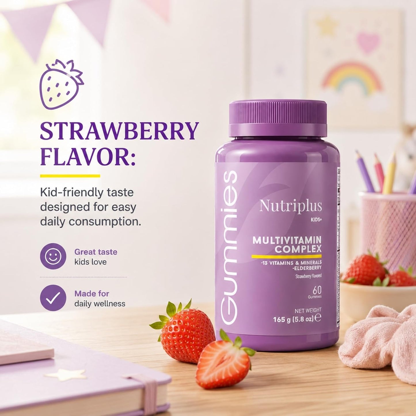 FARMASi Nutriplus Kids Gummies, Strawberry Flavour, 60 Gummies – Multivitamin for Children with Elderberry Extract, Vegan & Gelatin Free - görsel 4
