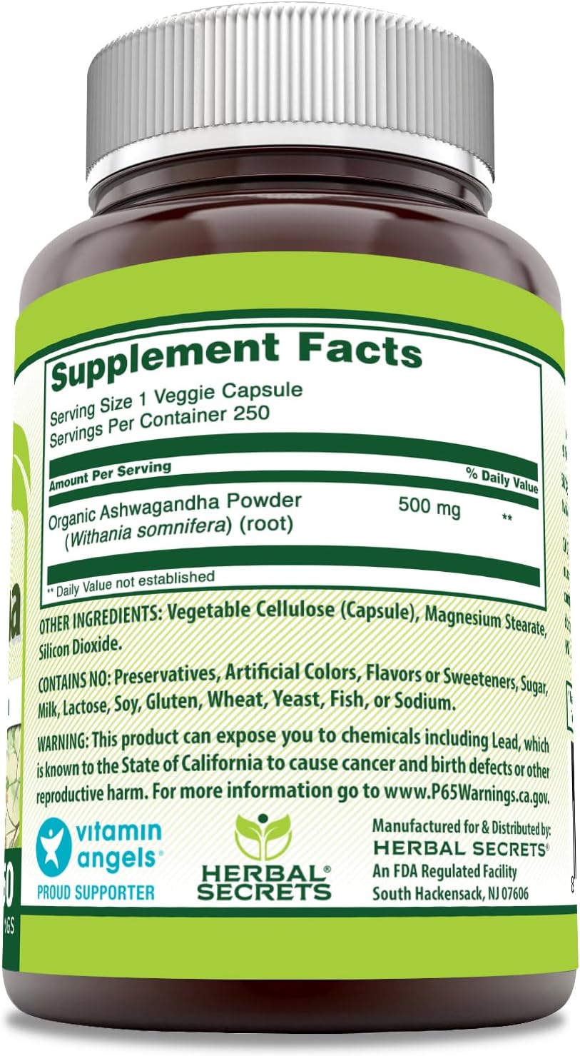 Herbal Secrets Ashwagandha 500mg – 250 Veggie Capsules – Non-GM & Gluten-Free - görsel 2