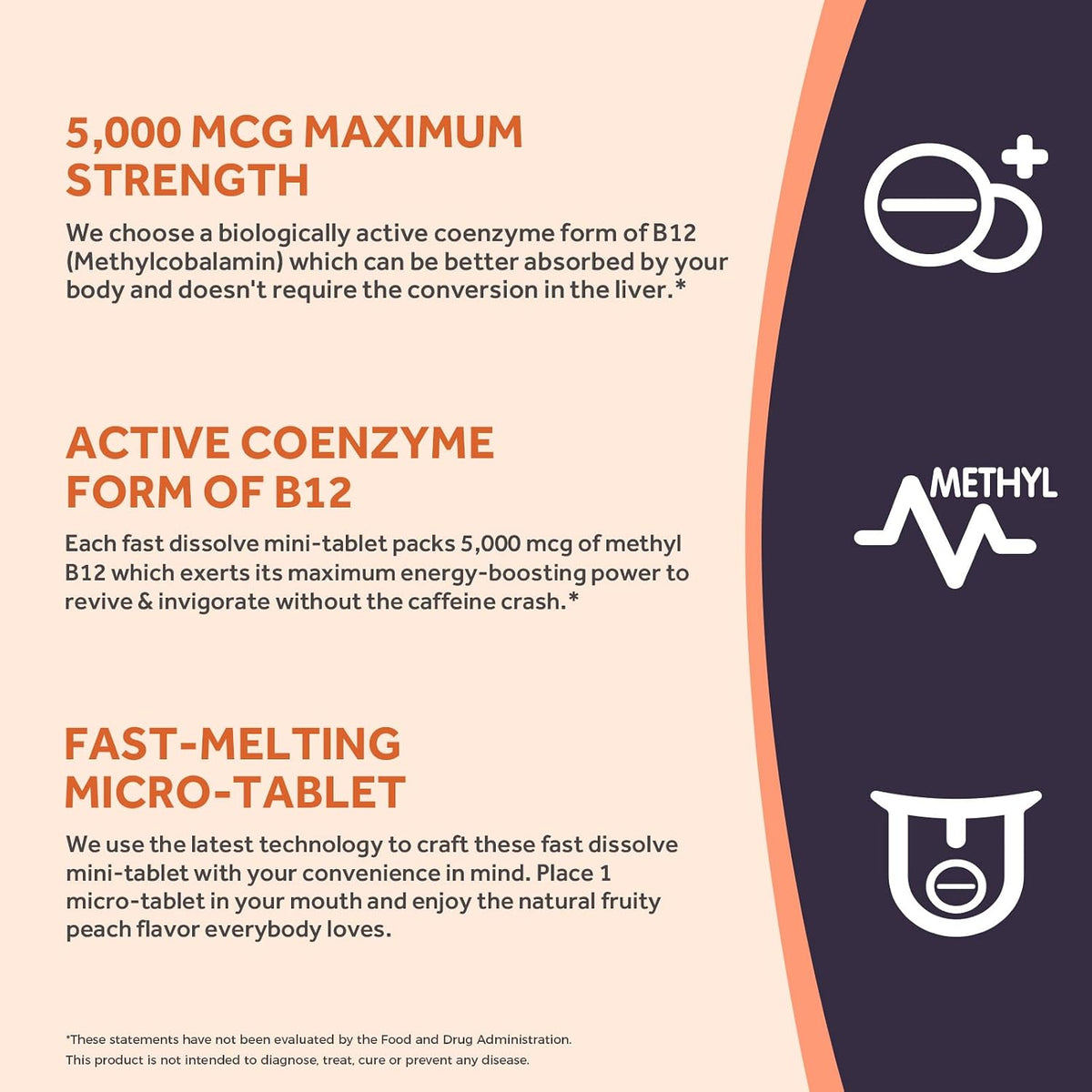 Doctor's Recipes Vitamin B12 Methylcobalamin 5000 mcg Fast Dissolve Tablets - Natural Peach Flavour, Vegan - görsel 4