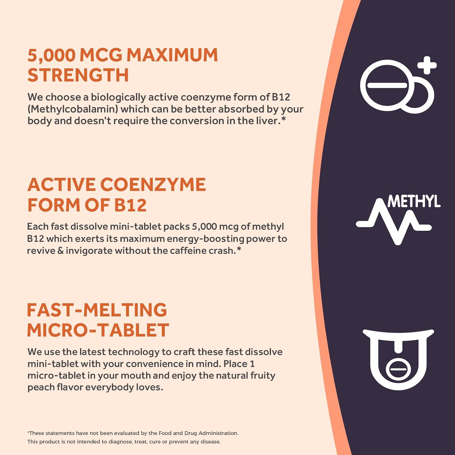 Doctor's Recipes Vitamin B12 Methylcobalamin 5000 mcg Fast Dissolve Tablets - Natural Peach Flavour, Vegan - görsel 4