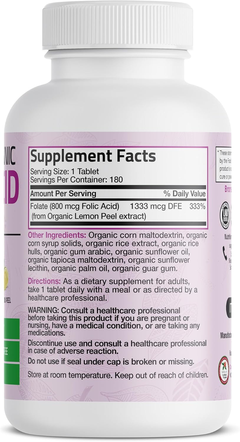 Bronson Organic Folic Acid (Vitamin B9 Folate) 800 mcg Folate from Lemon Peel, 180 Tablets - görsel 2