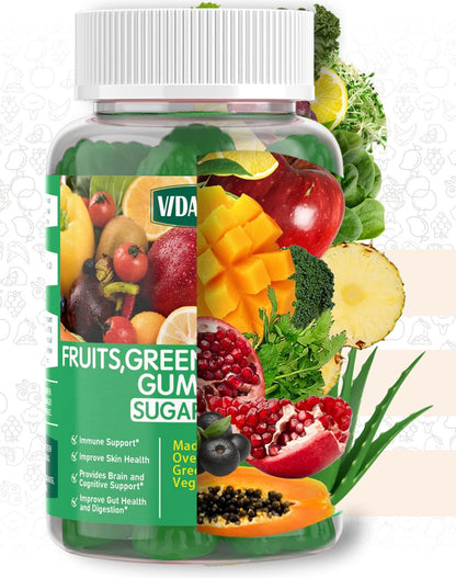 VIDAVITE Sugar-free Super Greens Gummies — Made in USA, 35+ Fruit and Veggie Gummies to Support Immunity, Skin & Gut Health — Ideal Fruits and Vegetables Supplement for Adults & Picky Teens (30-Day Supply)