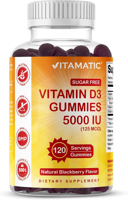 Vitamatic Sugar Free Vitamin D3 5000 IU Gummies – Natural Blackberry Flavour (120 Count)