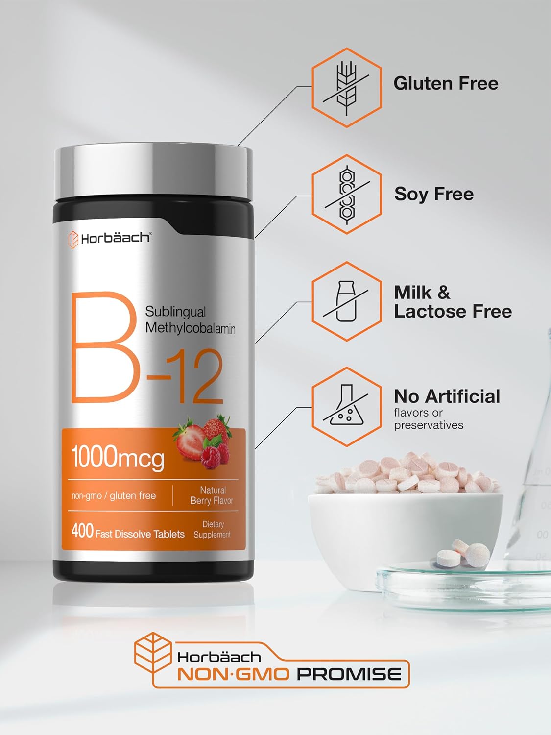 Horbaach Vitamin B12 1000 mcg Sublingual Tablets - Methylcobalamin, Berry Flavour, Vegan - görsel 5