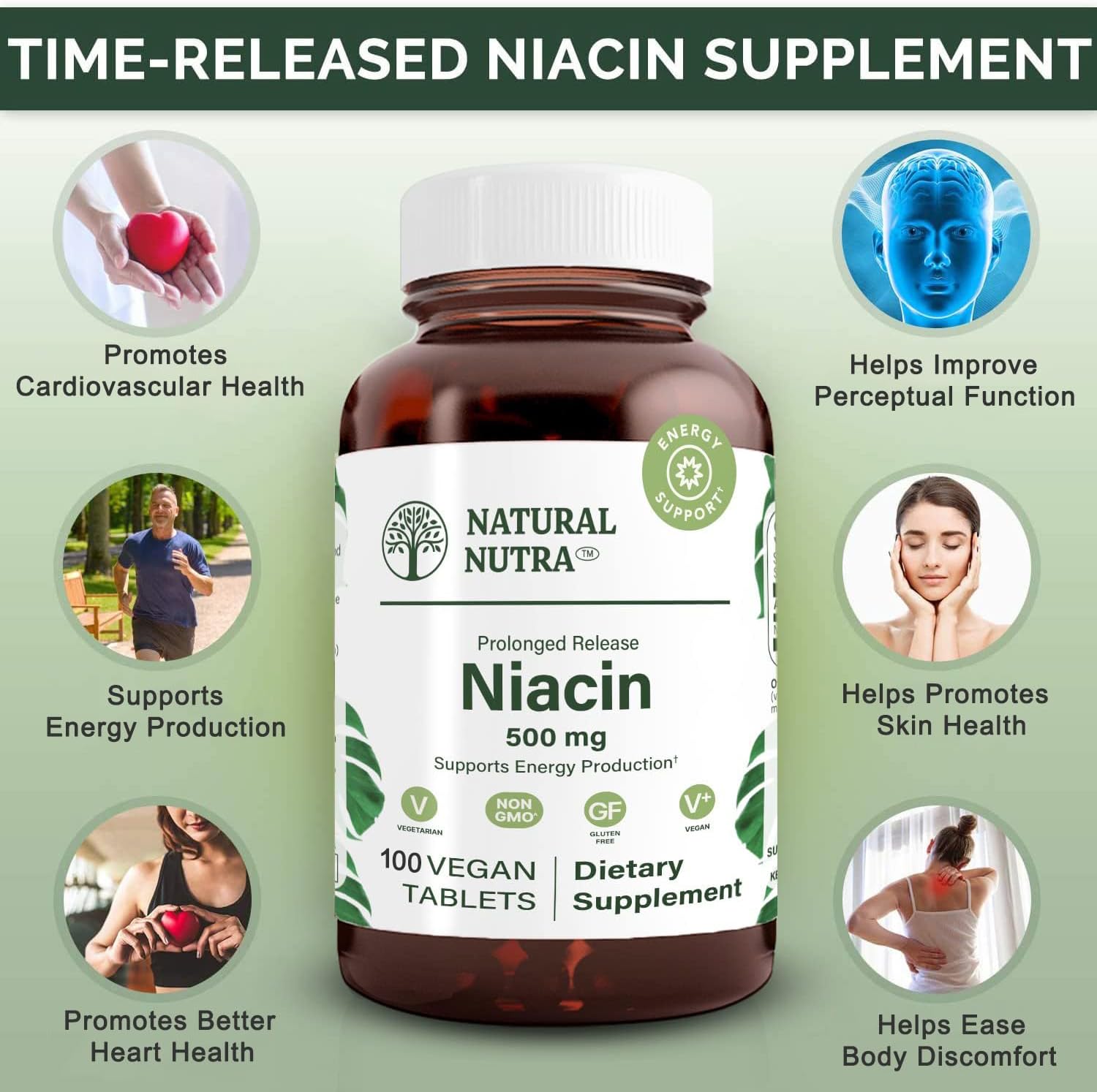 Natural Nutra Time-Release Slow Niacin 500mg (Vitamin B3) - 100 Vegan Tablets - görsel 3