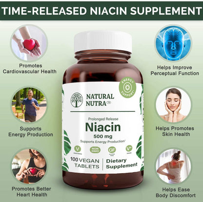 Natural Nutra Time-Release Slow Niacin 500mg (Vitamin B3) - 100 Vegan Tablets