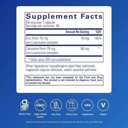 Pure Encapsulations Peptic-Care - Zinc-L-Carnosine - Gut Health & Antioxidant Supplement - Vegan & Gluten-Free - 60 Capsules