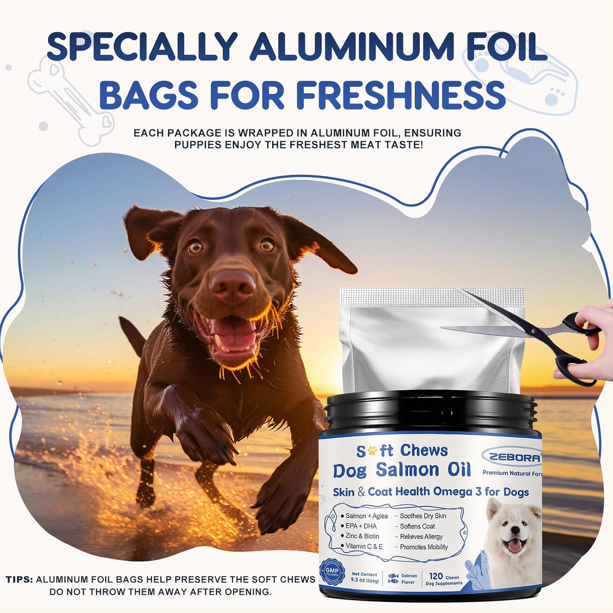 ZEBORA Salmon Oil Soft Chews for Dogs Skin and Coat - Omega-3-6-9 with Vitamins C & E - 120 Chews - görsel 8