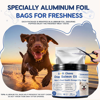 ZEBORA Salmon Oil Soft Chews for Dogs Skin and Coat - Omega-3-6-9 with Vitamins C & E - 120 Chews