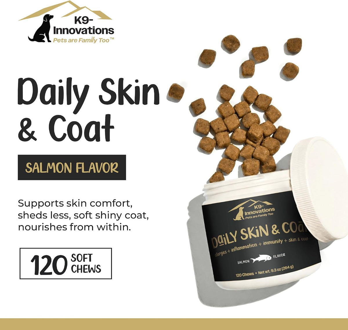 K9-Innovations - Daily Skin & Coat Dog Chews Salmon Flavour - Reduce Itching & Paw Chewing, Omega-3 & Vitamin C for Skin Health - 1-4 Month Supply (120 Chews) - görsel 3