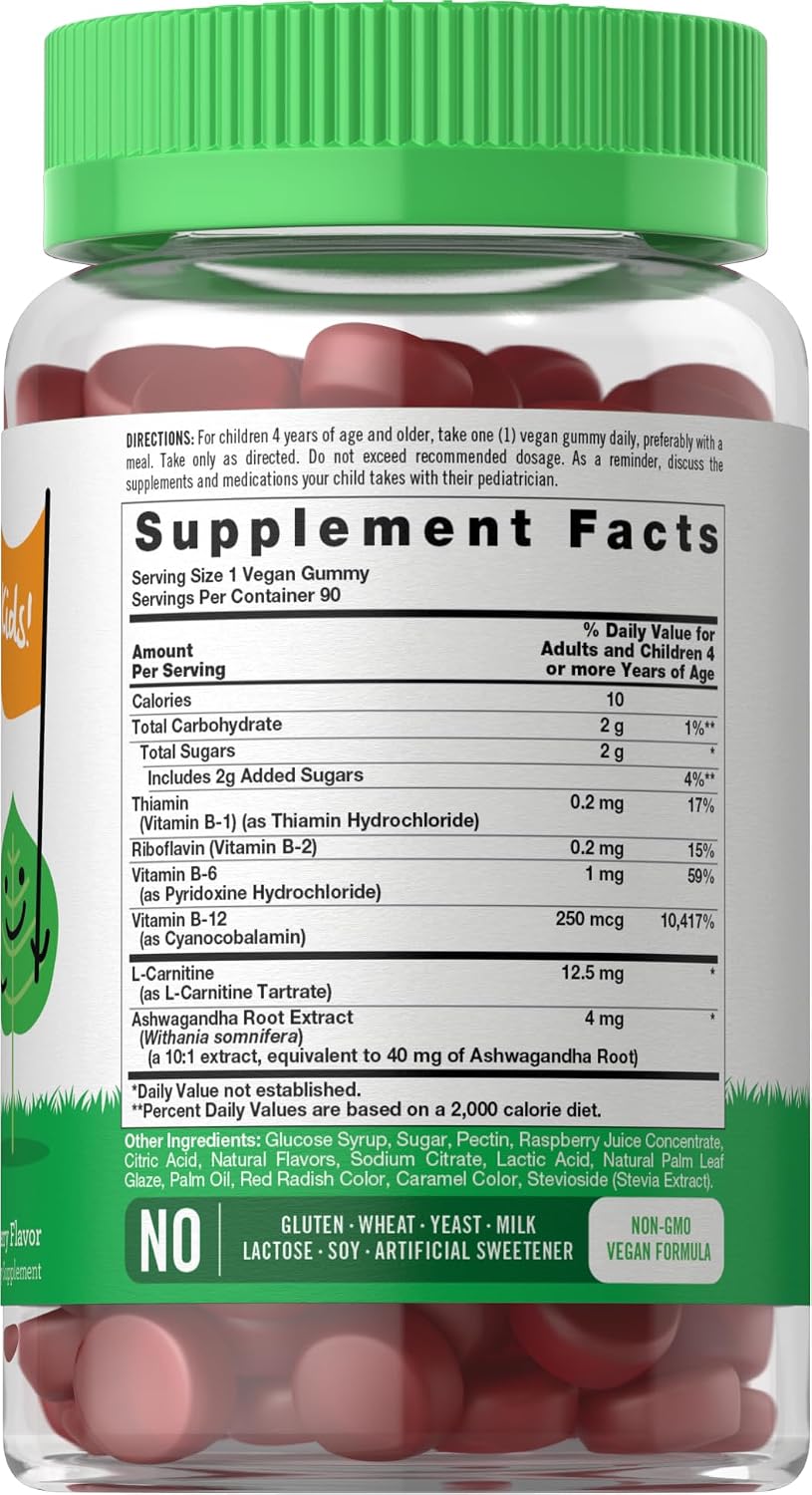 Carlyle Kids B Complex Gummies | 90 Count | with Vitamin B1, B2, B6, B12, and Ashwagandha Extract | Peach Raspberry Flavour | Vegan, Non-GMO & Gluten-free Supplement | Lil' Sprouts - görsel 2