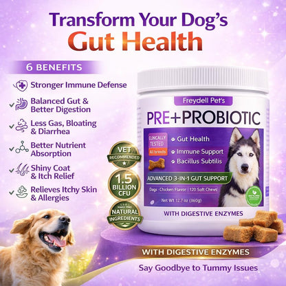 Freydell Pets Probiotics for Dogs – Digestive Enzymes, Prebiotics & Fibre Soft Chews – 120 Chews