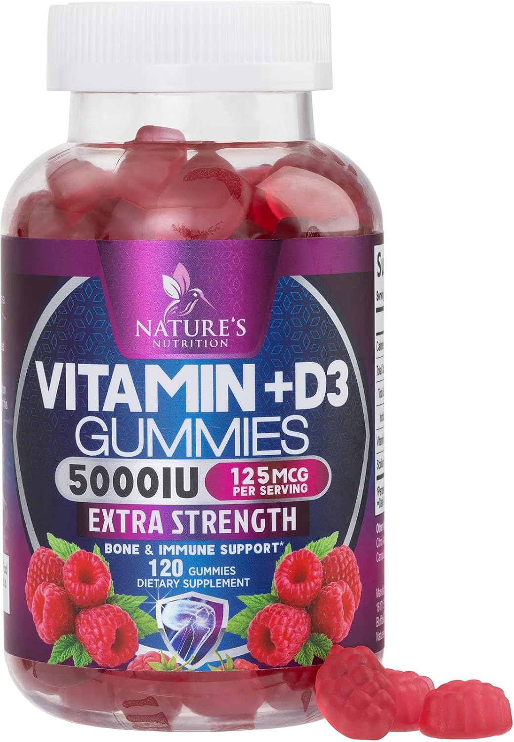 Nature's Nutrition Vitamin D3 Gummies - 5000 IU, 120 Count - Bone and Immune Support - görsel 1