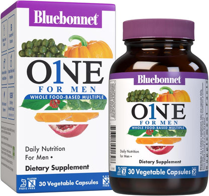 Bluebonnet Nutrition One for Men Whole Food-Based Multiple, Daily Nutrition*, Non-GMO, Vegetarian Friendly, Kosher, Gluten-Free, Soya-Free, Dairy-Free, Iron-Free, 60 Vegetable Capsules, 60 Servings