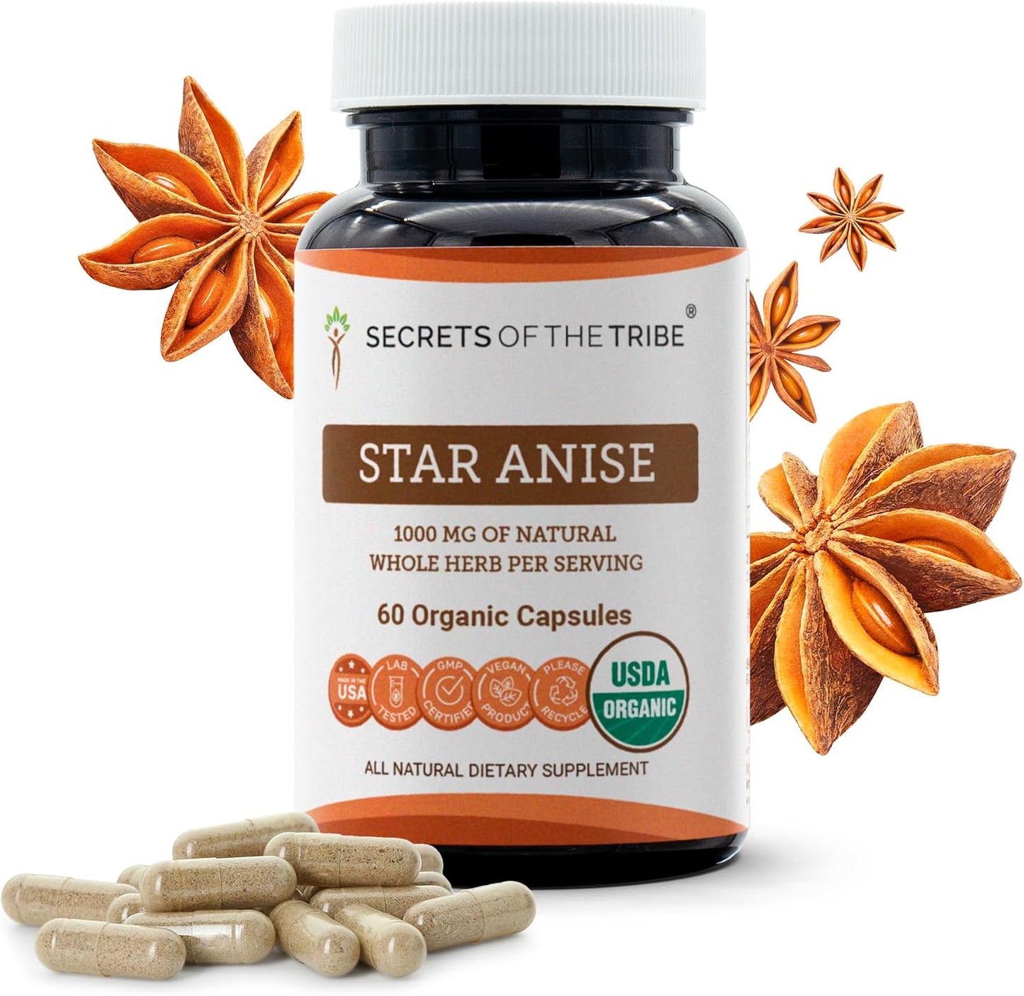 Secrets of the Tribe Star Anise Capsules, 1000 mg, Star Anise (Illicium verum) Dried Seed, 120 Capsules - görsel 6