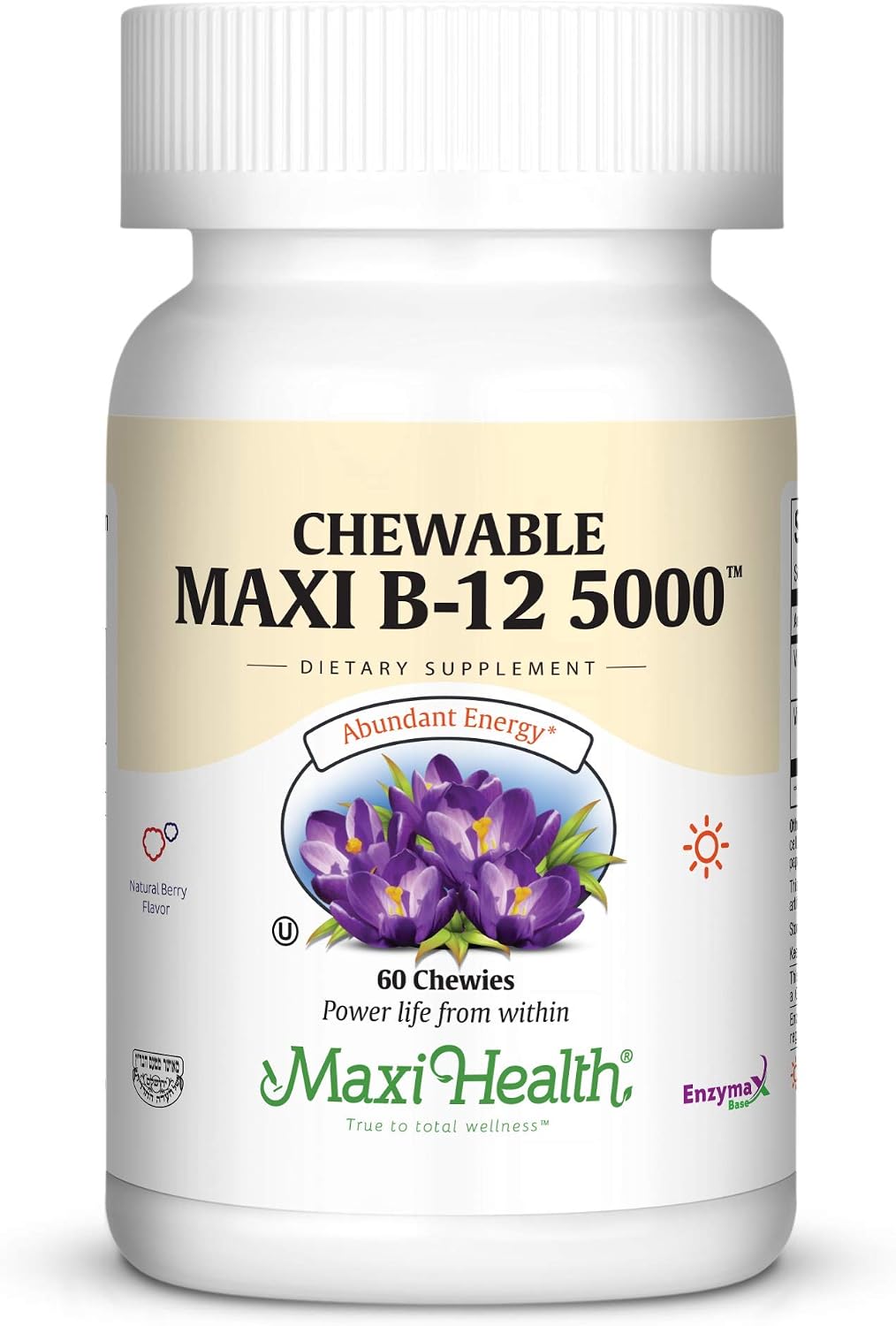 Maxi Health Chewable Vitamin B12 5000 mcg Tablets – B12 Chewables for Adults, Dual Form Methylcobalamin & Cyanocobalamin – Dissolvable B12 Tablets – Energy, Brain & Nerve Support – Kosher – 60 Count - görsel 1