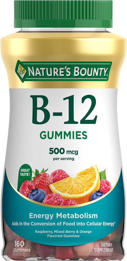 Nature's Bounty Vitamin B12 Gummies, Food Supplement, Contributes to Normal Energy-Yielding Metabolism and Nervous System Function, Mixed Berry Flavour, 500mcg, 160 Count