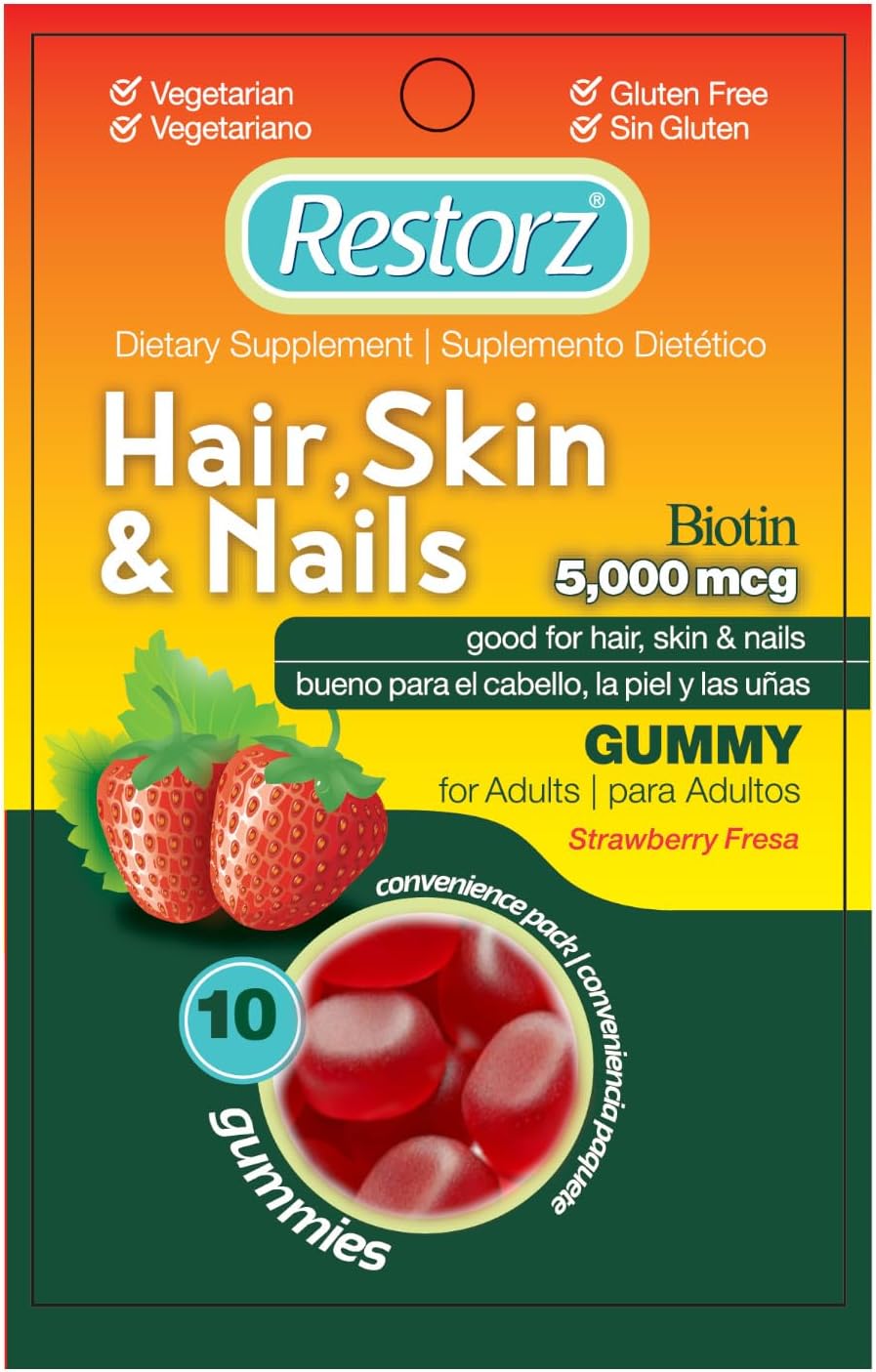 Restorz Hair, Skin, and Nails Biotin Gummy Vitamins, Strawberry Flavour (12-Pack) - görsel 1