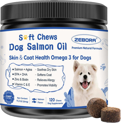 ZEBORA Salmon Oil Soft Chews for Dogs Skin and Coat - Omega-3-6-9 with Vitamins C & E - 120 Chews