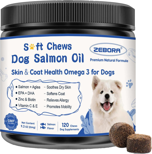 ZEBORA Salmon Oil Soft Chews for Dogs Skin and Coat - Omega-3-6-9 with Vitamins C & E - 120 Chews