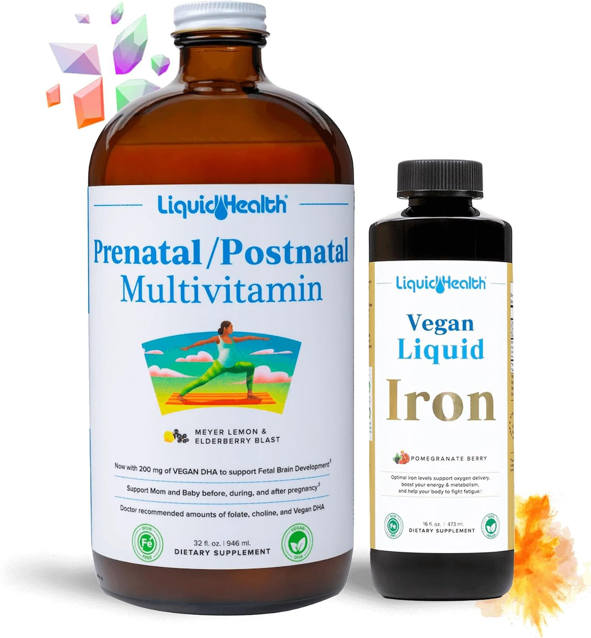 LIQUIDHEALTH Prenatal Baby Booster Pregnancy Vitamin Bundle – Vegan Prenatal/Postnatal Multivitamin with SunActive & Ferrochel Iron, Folate, Whole Foods – Manufactured in the USA (Bundle) - görsel 1