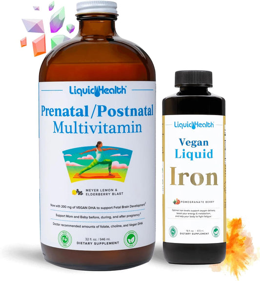 LIQUIDHEALTH Prenatal Baby Booster Pregnancy Vitamin Bundle – Vegan Prenatal/Postnatal Multivitamin with SunActive & Ferrochel Iron, Folate, Whole Foods – Manufactured in the USA (Bundle)