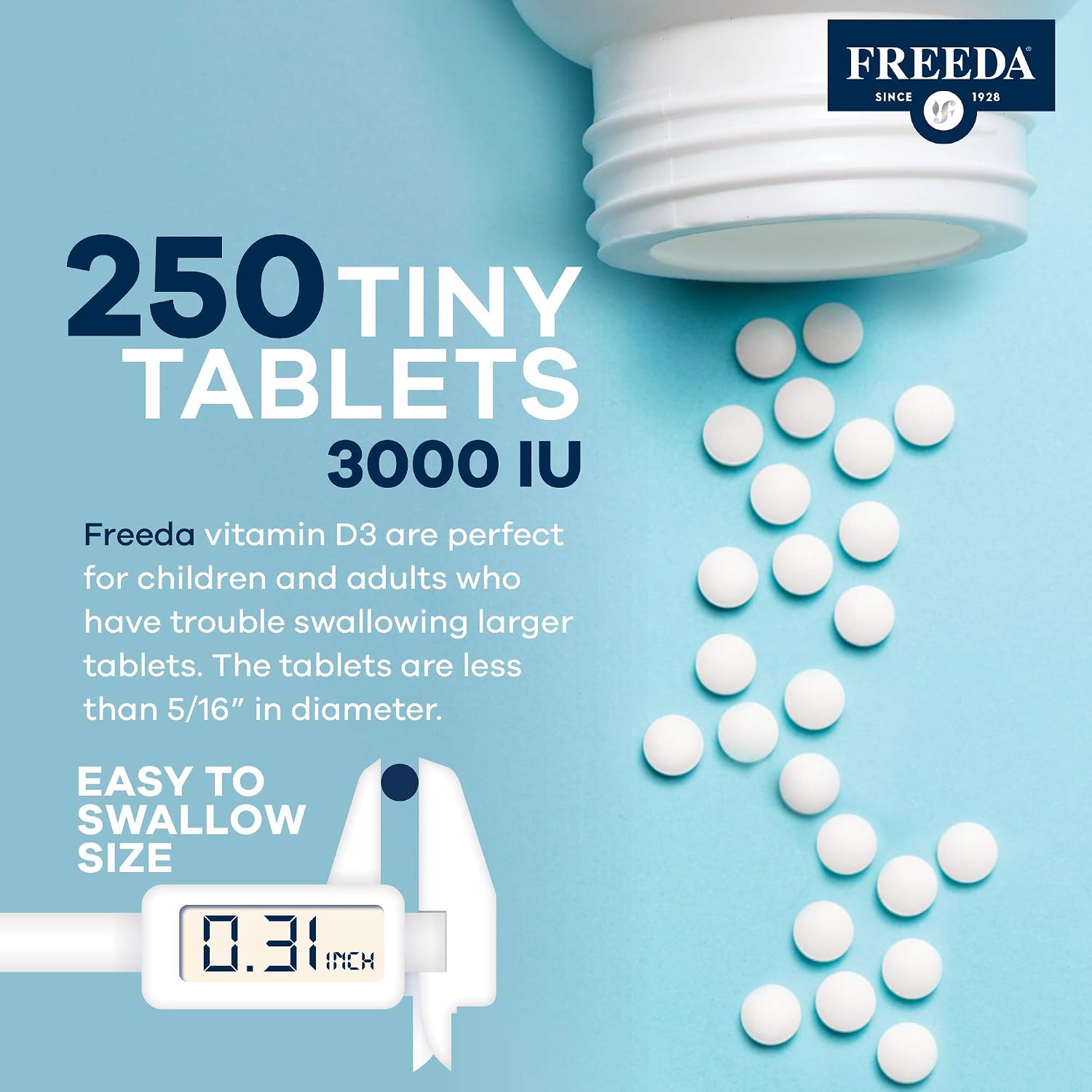 FREEDA Pure Vitamin D3 3000 IU – Higher Strength – Bone Health, Joint, Muscle & Immune Support – 75 mcg 3,000 IU Easy-to-Swallow Tiny Tablets (250 Tablets) - görsel 7