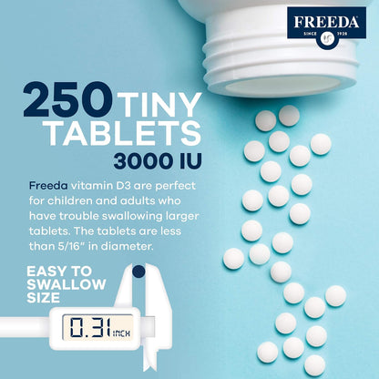FREEDA Pure Vitamin D3 3000 IU – Higher Strength – Bone Health, Joint, Muscle & Immune Support – 75 mcg 3,000 IU Easy-to-Swallow Tiny Tablets (250 Tablets)